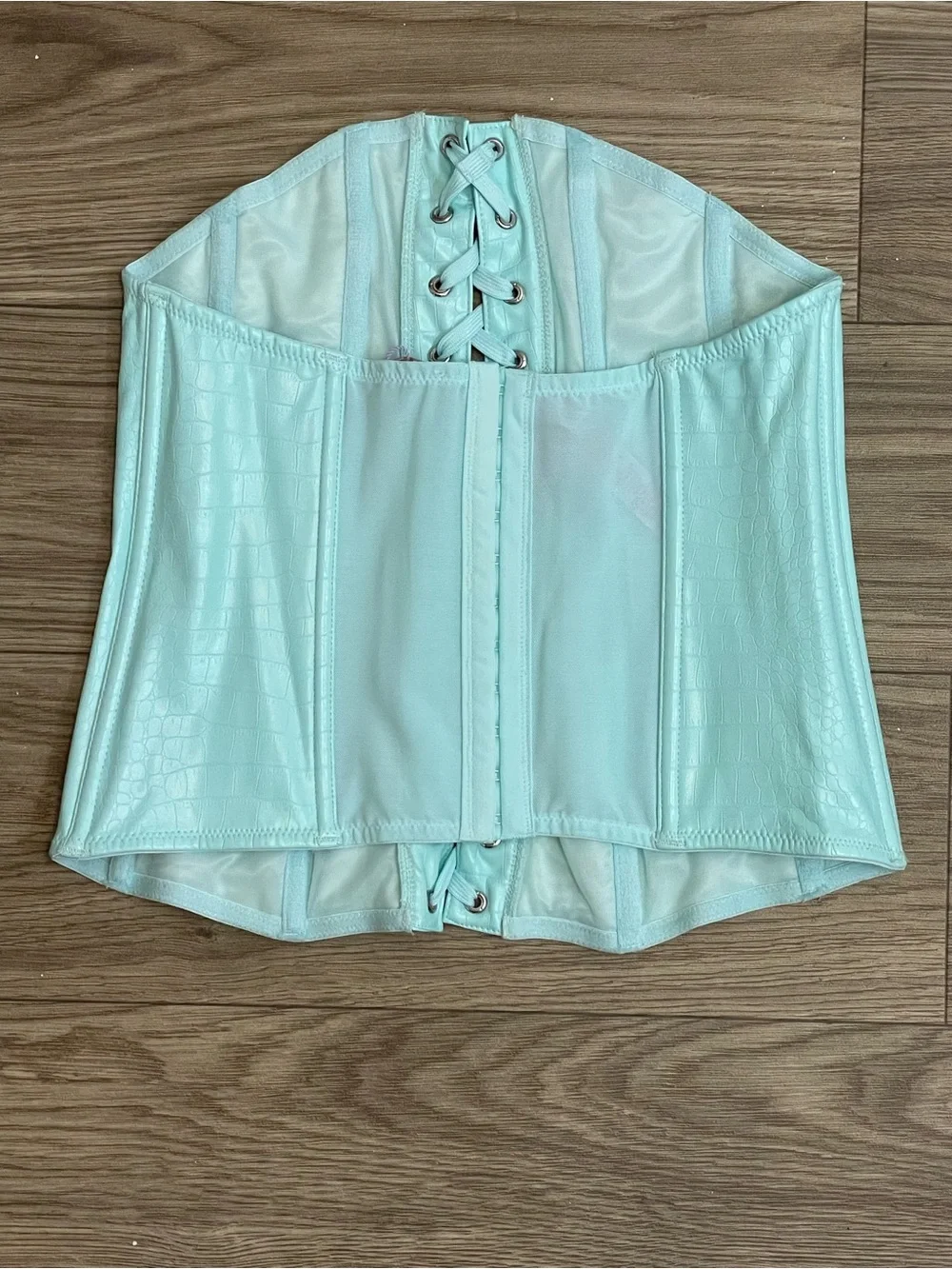 Savage x Fenty Light Blue Faux Leather Corset and Panty Matching Set